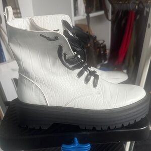 Nasty Gal White Croc-Embossed Combat Boots